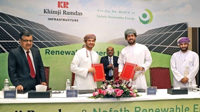 Nailesh Khimji, Director, Khimji Ramdas and Abdulla Nasser Al Saidi, CEO, Nafath Renewable Energy. Partnership announcement of Oman’s first 1MW solar PV system.